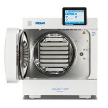 Melag autoclave 40B Evolution front view door open with trays
