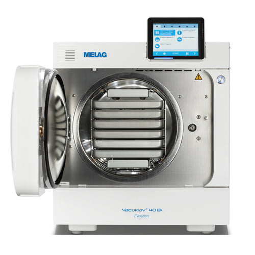 Melag autoclave 40B Evolution front view door open with trays