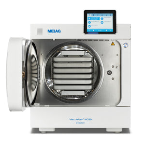 Melag autoclave 40B Evolution front view door open with trays